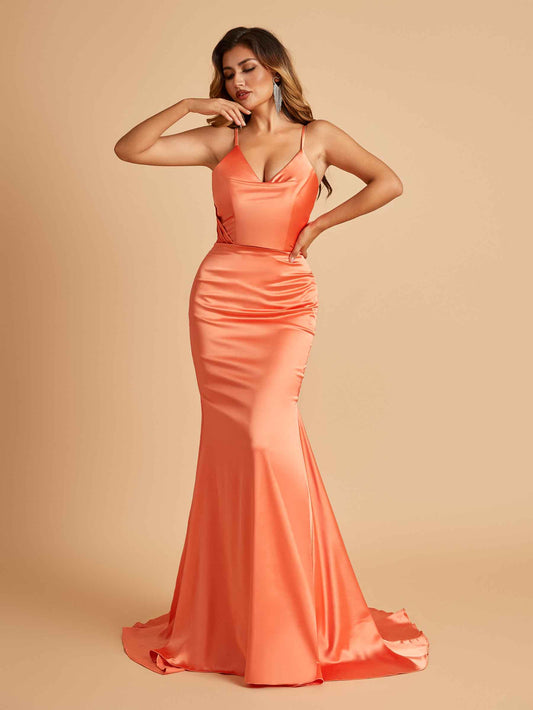 Sexy Satin Mermaid Bridesmaid Dresses Spaghetti Straps V-neck Pleats Floor Length
