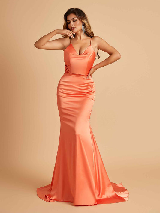 Sexy Satin Mermaid Bridesmaid Dresses Spaghetti Straps V-neck Pleats Floor Length For Sale