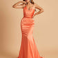 Sexy Satin Mermaid Prom Dresses Spaghetti Straps V-neck Pleats Floor Length
