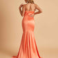 Sexy Satin Mermaid Prom Dresses Spaghetti Straps V-neck Pleats Floor Length