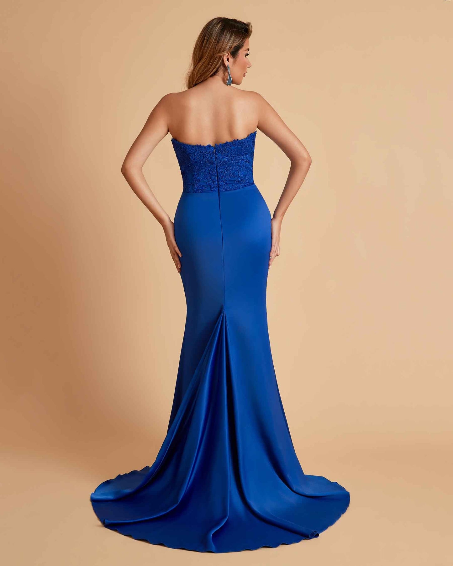 Sexy Satin Strapless Side Slit Floor Length Lace Mermaid Bridesmaid Dresses