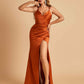 Satin Spaghetti Straps Long Prom Dresses V-neck Side Slit Criss-cross Back Sheath