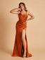 Satin Spaghetti Straps Long Bridesmaid Dresses V-neck Side Slit Criss-cross Back Sheath