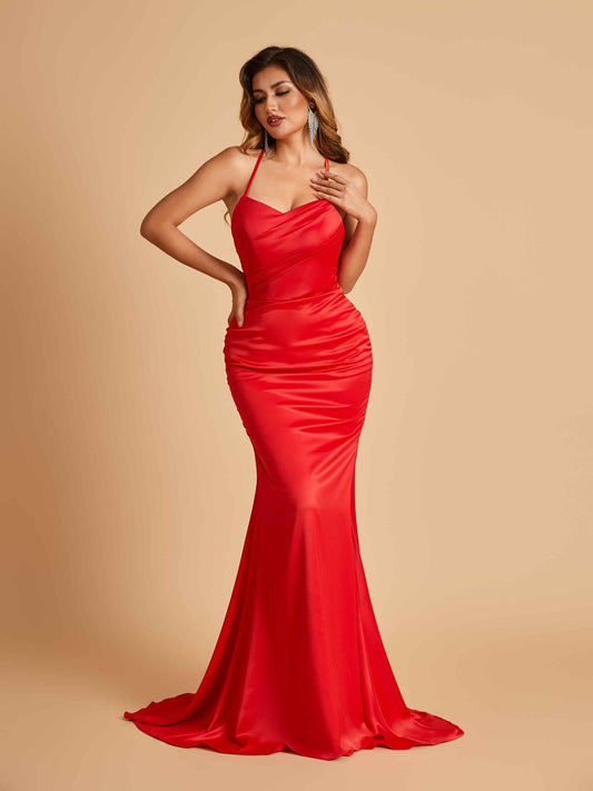 Sexy Satin Mermaid Bridesmaid Dresses Spaghetti Straps Scoop Criss-cross Back