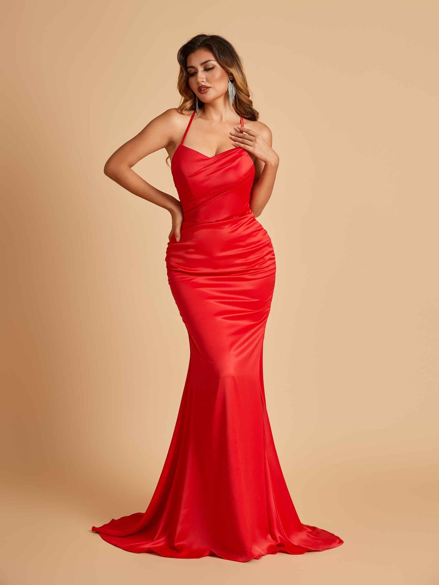 Sexy Satin Mermaid Prom Dresses Spaghetti Straps Scoop Criss-cross Back