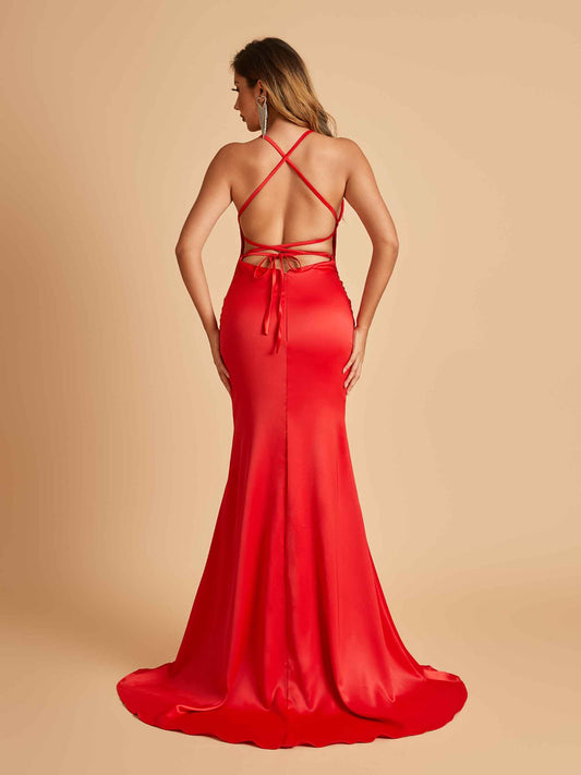 Sexy Satin Mermaid Bridesmaid Dresses Spaghetti Straps Scoop Criss-cross Back