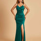 Sexy Satin Mermaid Bridesmaid Dresses Spaghetti Straps V-neck Side Slit Floor Length