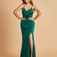 Sexy Satin Mermaid Bridesmaid Dresses Spaghetti Straps V-neck Side Slit Floor Length