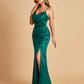Sexy Satin Mermaid Bridesmaid Dresses Spaghetti Straps V-neck Side Slit Floor Length