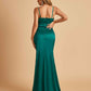 Sexy Satin Mermaid Bridesmaid Dresses Spaghetti Straps V-neck Side Slit Floor Length
