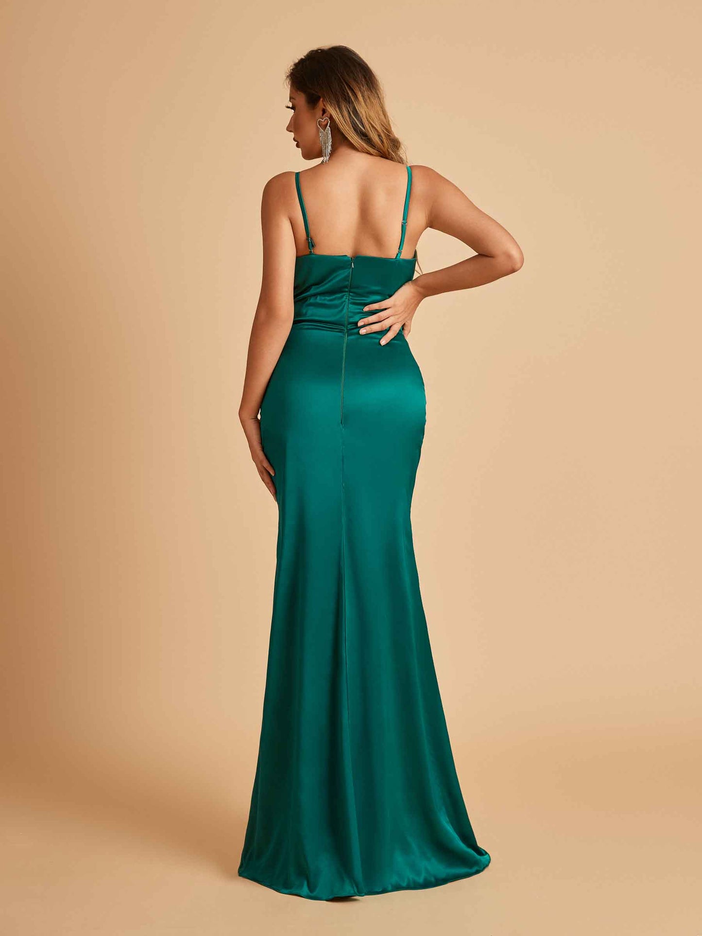 Sexy Satin Mermaid Bridesmaid Dresses Spaghetti Straps V-neck Side Slit Floor Length
