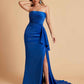 Sexy Satin Side Slit Strapless Pleats Floor Length Mermaid Bridesmaid Dresses
