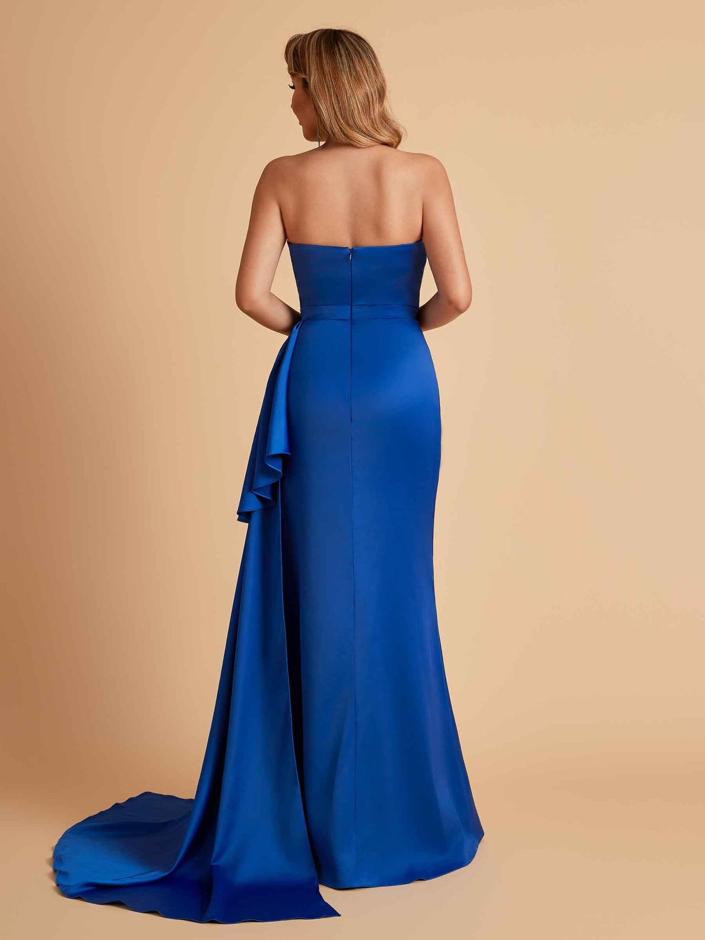 Sexy Satin Side Slit Strapless Pleats Floor Length Mermaid Bridesmaid Dresses