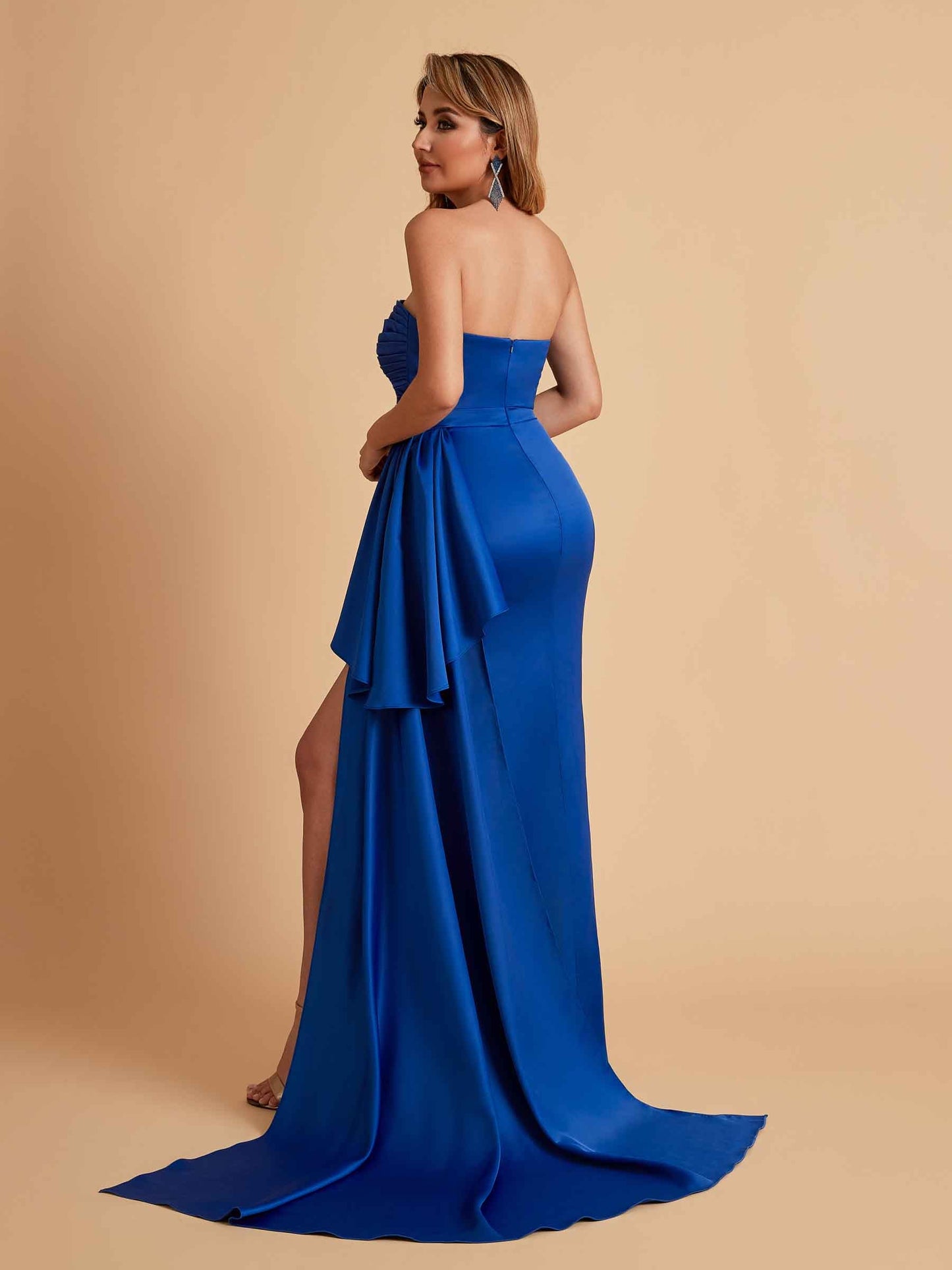 Sexy Satin Side Slit Strapless Pleats Floor Length Mermaid Bridesmaid Dresses