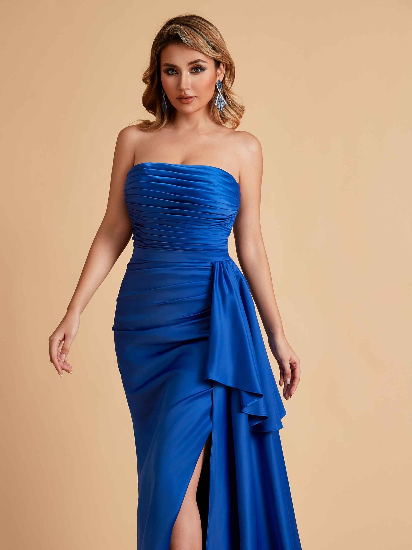 Sexy Satin Side Slit Strapless Pleats Floor Length Mermaid Bridesmaid Dresses