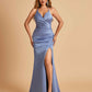 Sexy Satin Mermaid Long Prom Dresses Spaghetti Straps Sweetheart Side Slit Criss-cross Back
