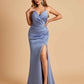Sexy Satin Mermaid Long Prom Dresses Spaghetti Straps Sweetheart Side Slit Criss-cross Back