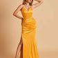 Satin Mermaid Long Bridesmaid Dresses Spaghetti Straps V-neck Side Slit Floor Length For Sale