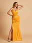 Satin Mermaid Long Prom Dresses Spaghetti Straps V-neck Side Slit Floor Length