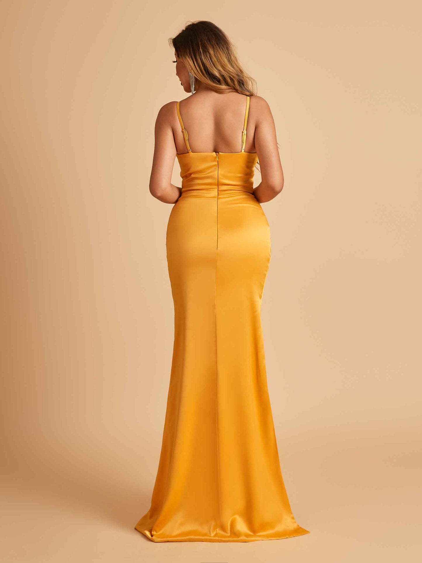 Satin Mermaid Long Bridesmaid Dresses Spaghetti Straps V-neck Side Slit Floor Length