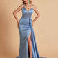 Sexy Satin Mermaid Spaghetti Straps V-neck Side Slit Long Bridesmaid Dresses