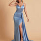 Sexy Satin Mermaid Spaghetti Straps V-neck Side Slit Long Bridesmaid Dresses