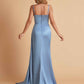 Sexy Satin Mermaid Spaghetti Straps V-neck Side Slit Long Bridesmaid Dresses