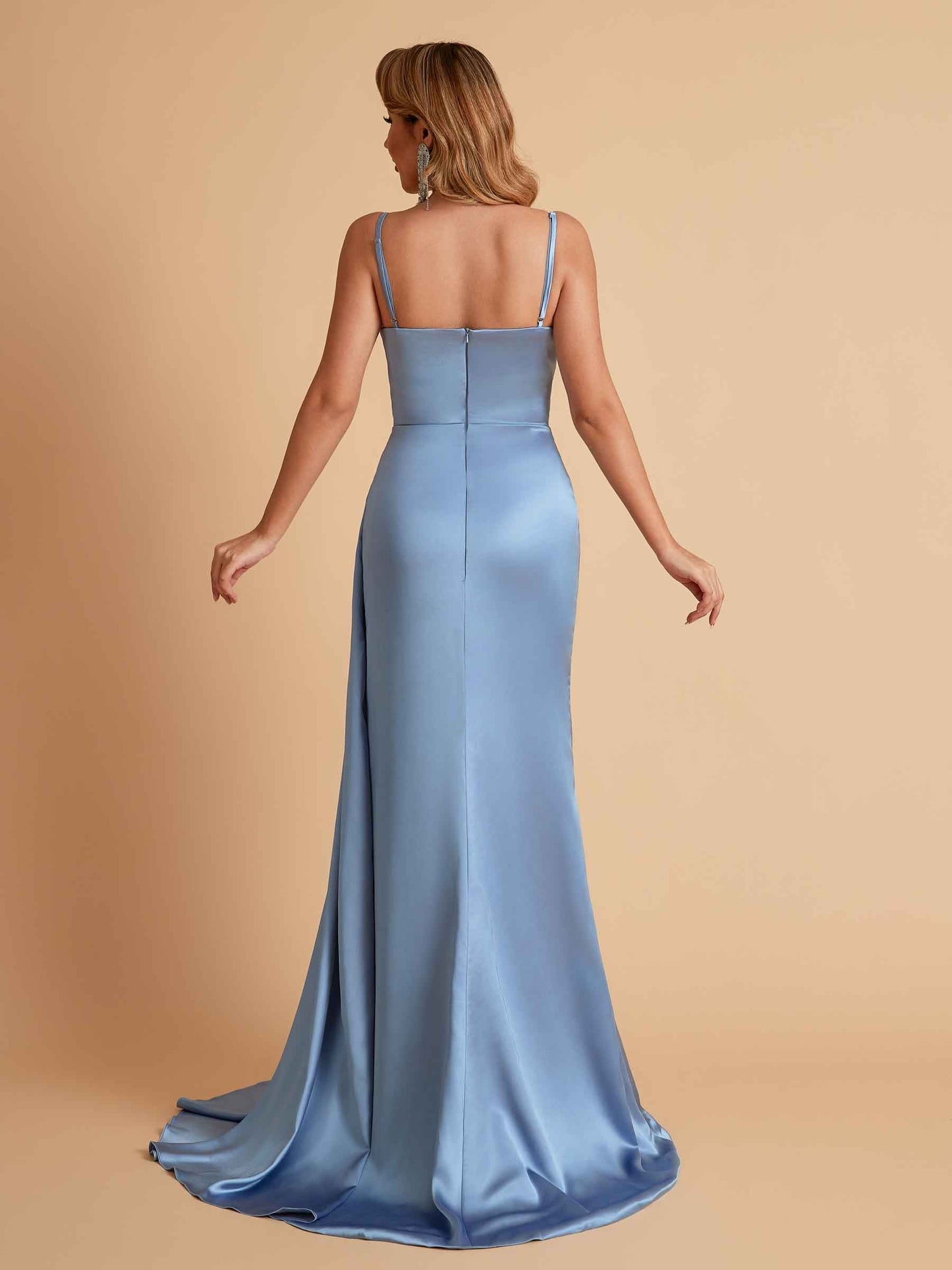 Sexy Satin Mermaid Spaghetti Straps V-neck Side Slit Long Bridesmaid Dresses