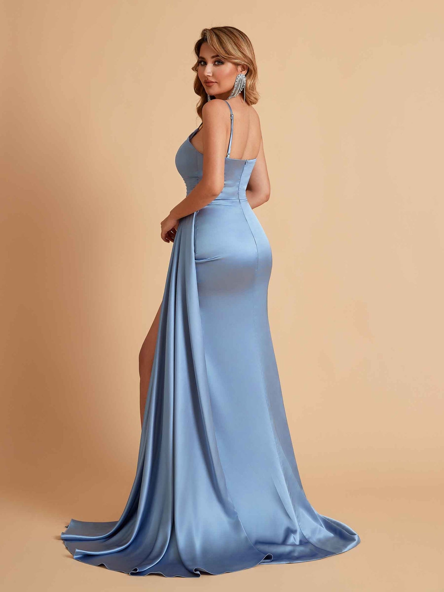 Sexy Satin Mermaid Spaghetti Straps V-neck Side Slit Long Bridesmaid Dresses