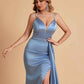 Sexy Satin Mermaid Spaghetti Straps V-neck Side Slit Long Bridesmaid Dresses