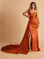 Sexy Satin Sheath Prom Dresses Strapless Sweetheart Side Slit With Train