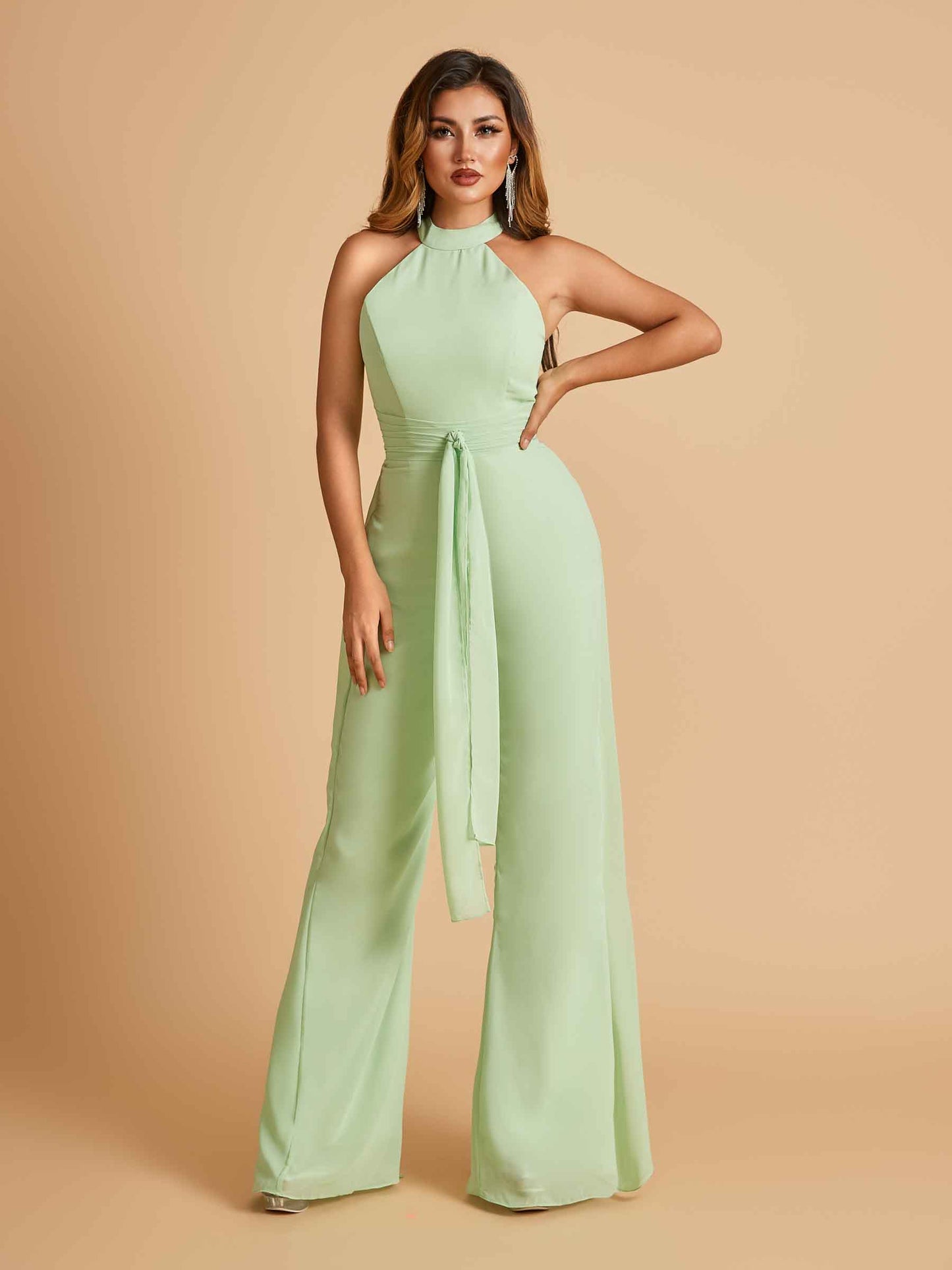 Chiffon Bridesmaid Jumpsuit Jewel Neck Sleeveless Floor Length With Pockets