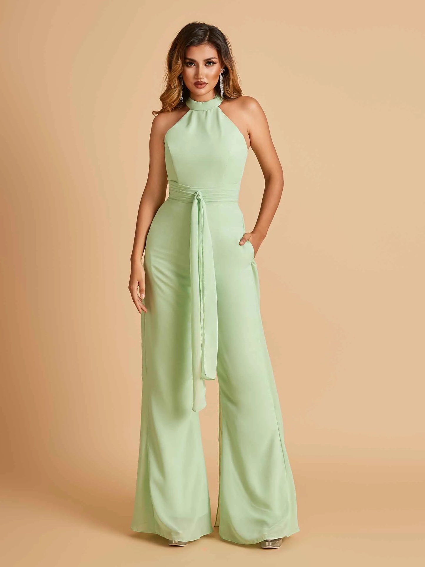 Chiffon Bridesmaid Jumpsuit Jewel Neck Sleeveless Floor Length With Pockets For Sale
