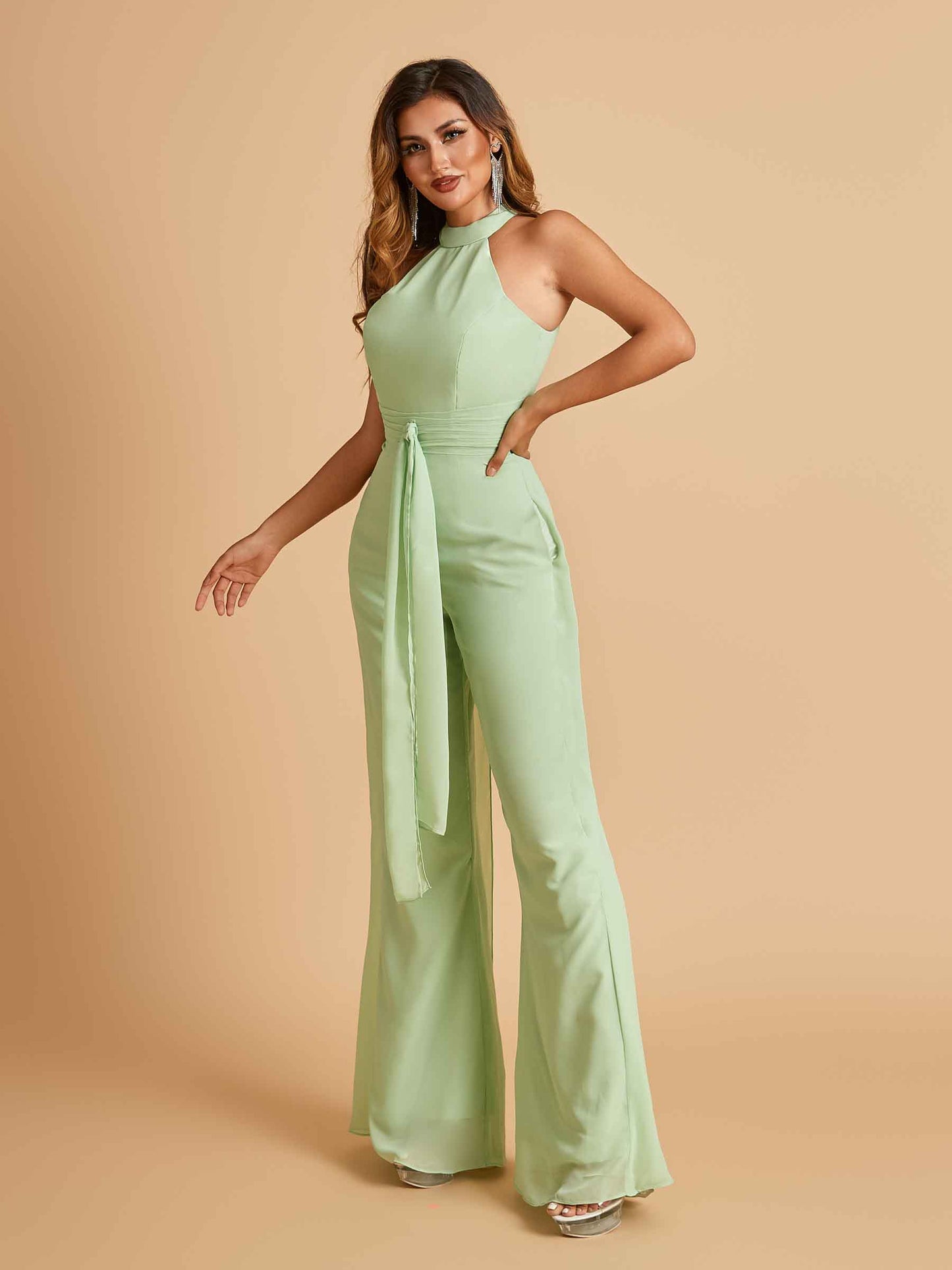 Chiffon Bridesmaid Jumpsuit Jewel Neck Sleeveless Floor Length With Pockets