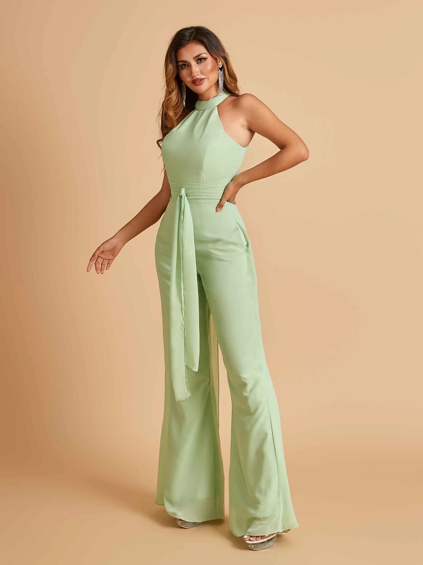 Chiffon Bridesmaid Jumpsuit Jewel Neck Sleeveless Floor Length With Pockets For Sale
