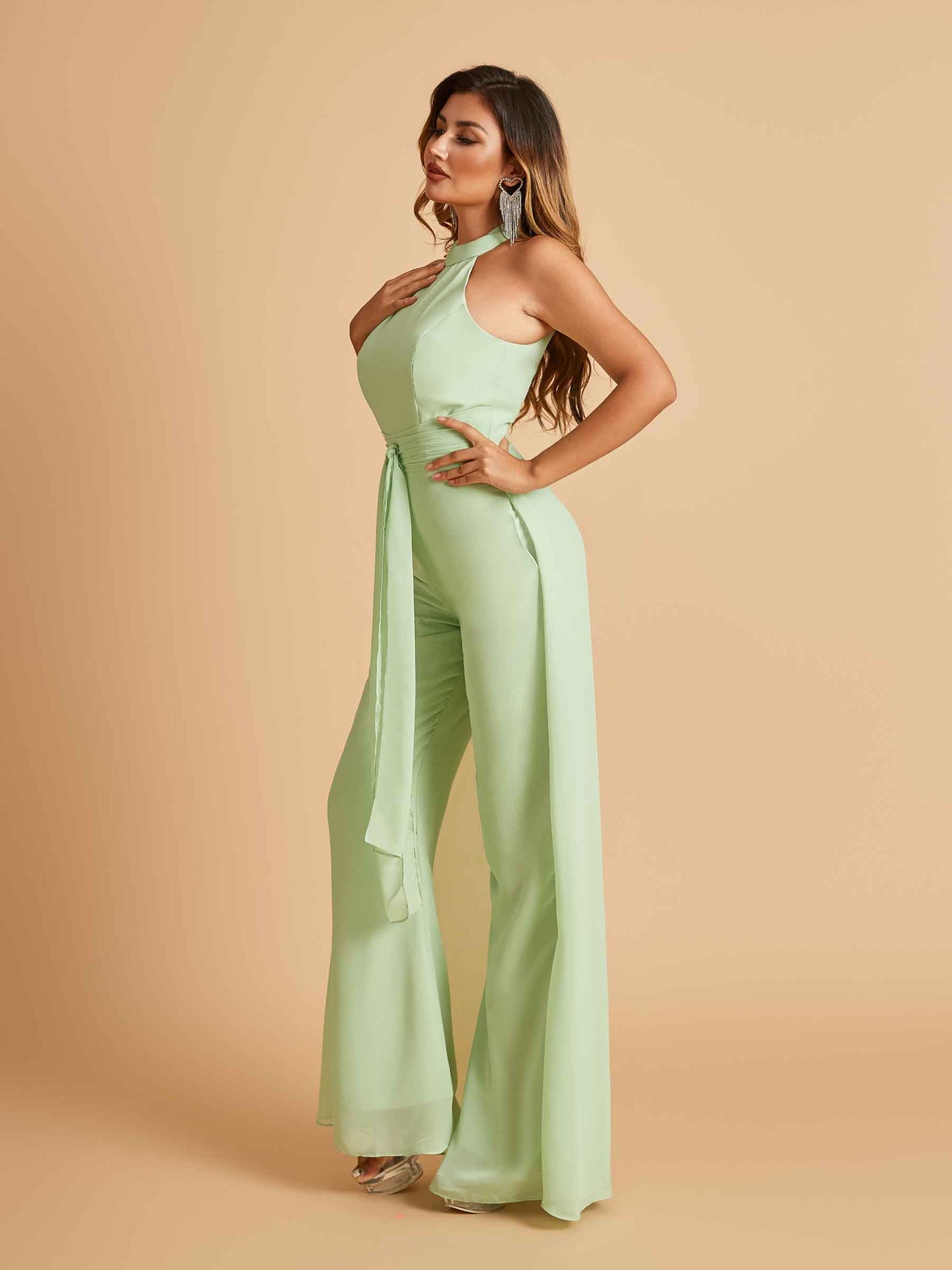 Chiffon Bridesmaid Jumpsuit Jewel Neck Sleeveless Floor Length With Pockets