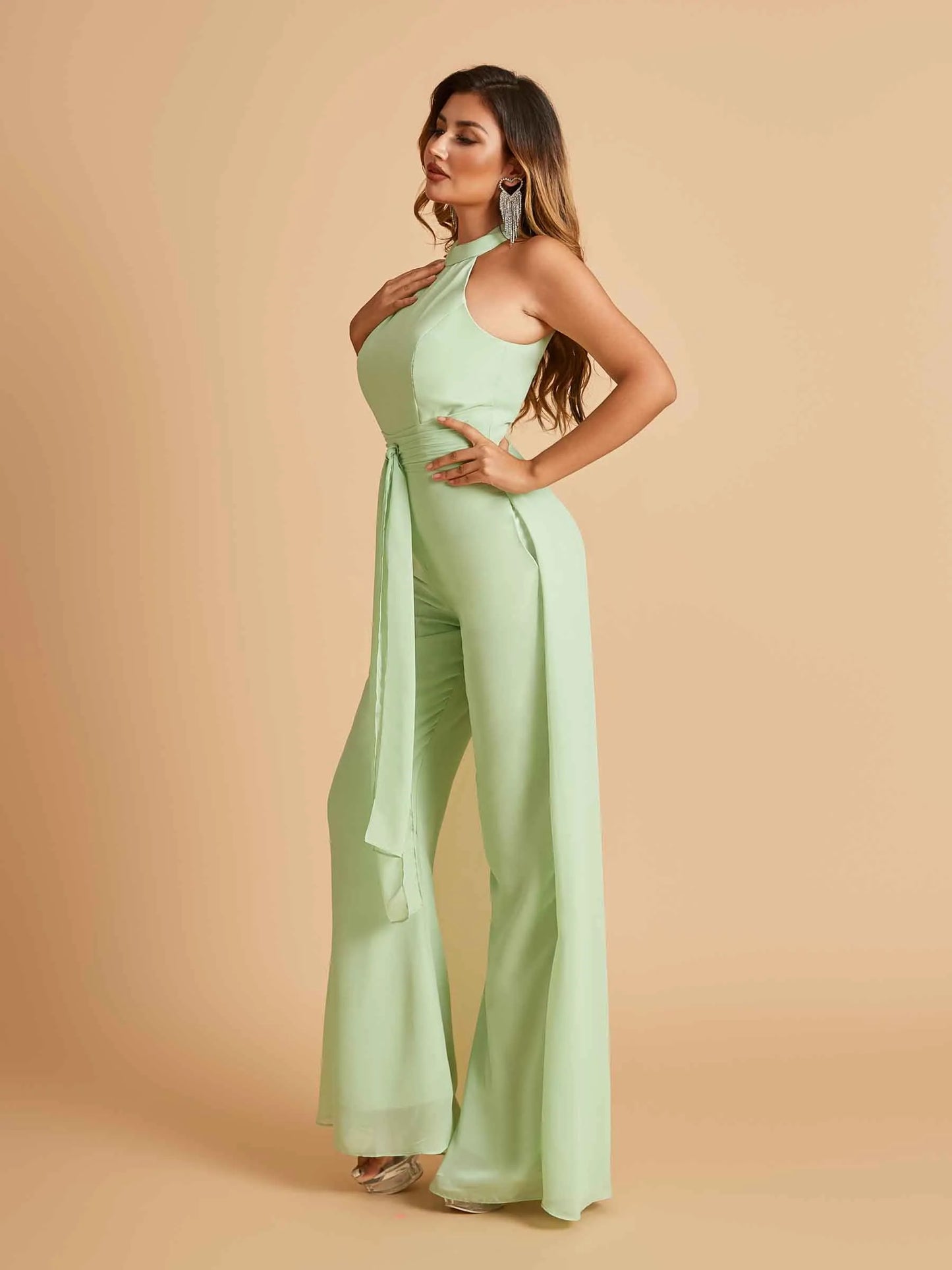 Chiffon Bridesmaid Jumpsuit Jewel Neck Sleeveless Floor Length With Pockets For Sale