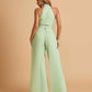 Chiffon Bridesmaid Jumpsuit Jewel Neck Sleeveless Floor Length With Pockets