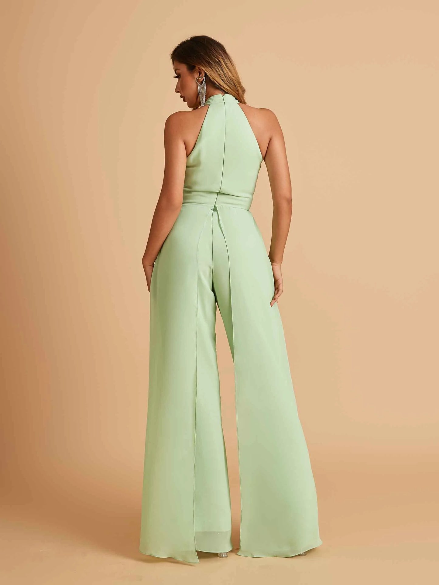 Chiffon Bridesmaid Jumpsuit Jewel Neck Sleeveless Floor Length With Pockets For Sale