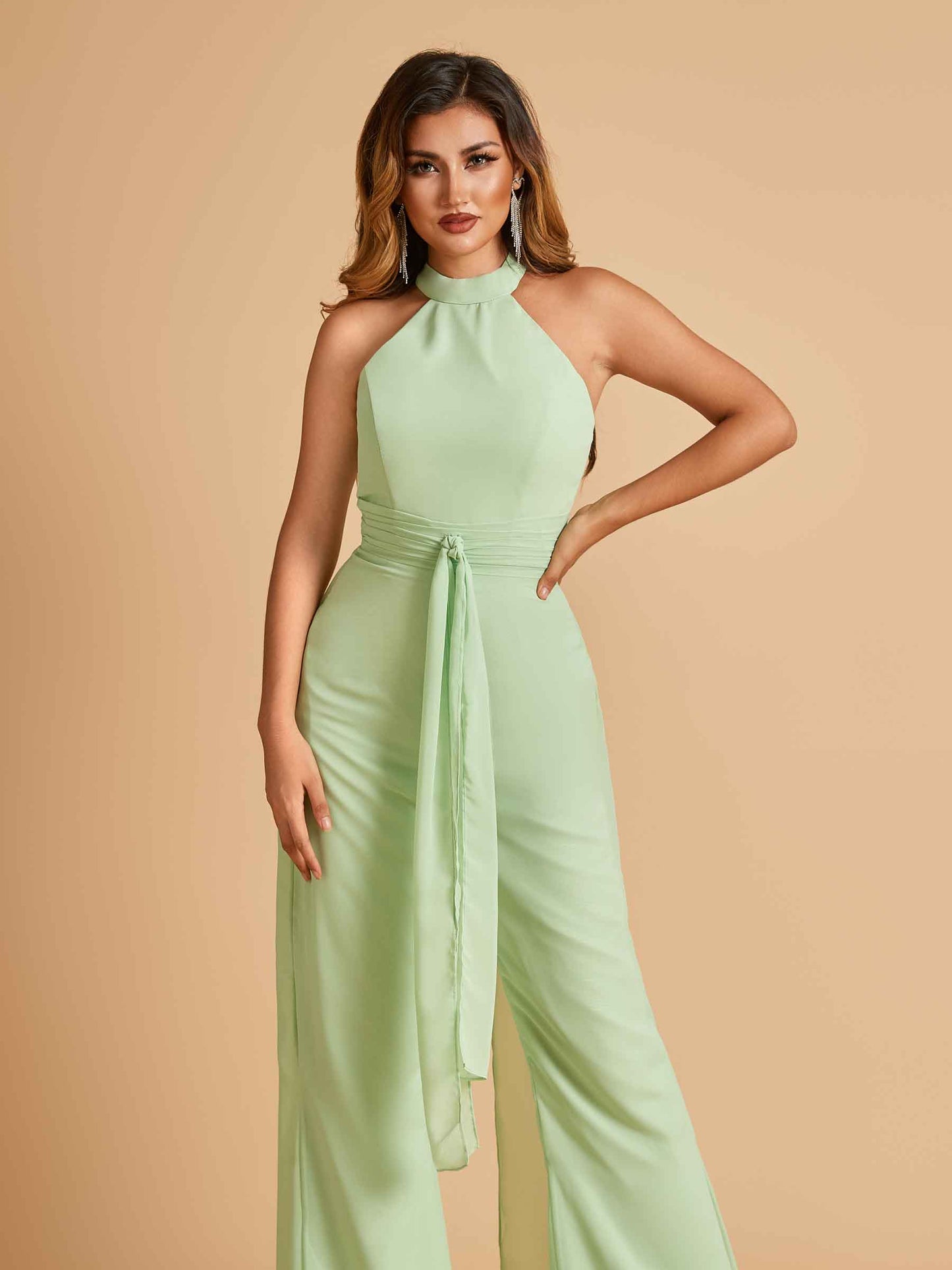 Chiffon Bridesmaid Jumpsuit Jewel Neck Sleeveless Floor Length With Pockets