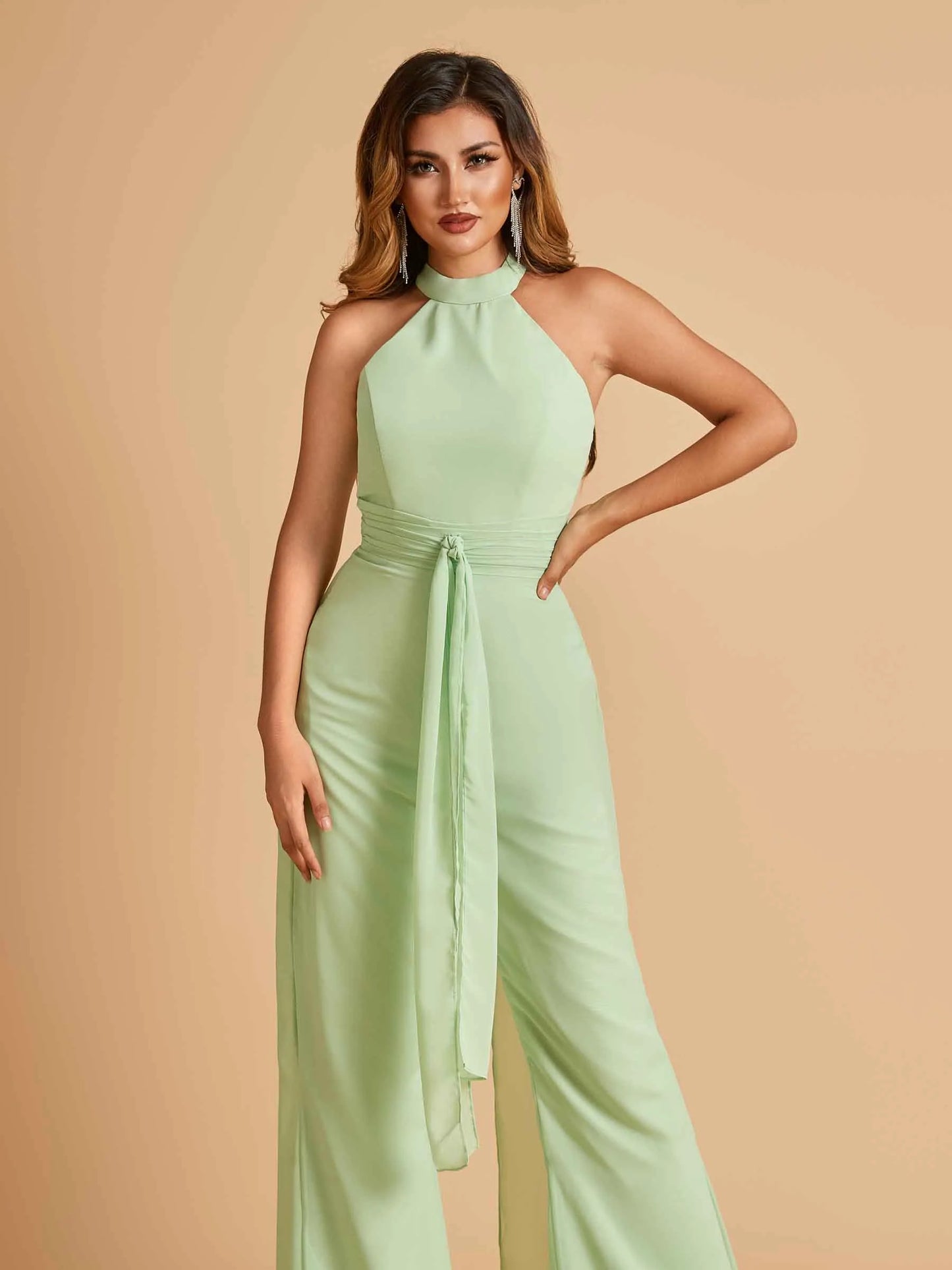 Chiffon Bridesmaid Jumpsuit Jewel Neck Sleeveless Floor Length With Pockets For Sale