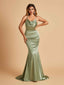 Satin Mermaid Open Back Prom Dresses Spaghetti Straps Scoop Floor Length