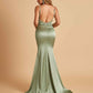 Satin Mermaid Open Back Bridesmaid Dresses Spaghetti Straps Scoop Floor Length