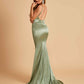 Satin Mermaid Open Back Bridesmaid Dresses Spaghetti Straps Scoop Floor Length