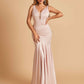 Satin Deep V-neck Mermaid Bridesmaid Dresses Half Open Back Floor Length