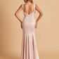Satin Deep V-neck Mermaid Bridesmaid Dresses Half Open Back Floor Length