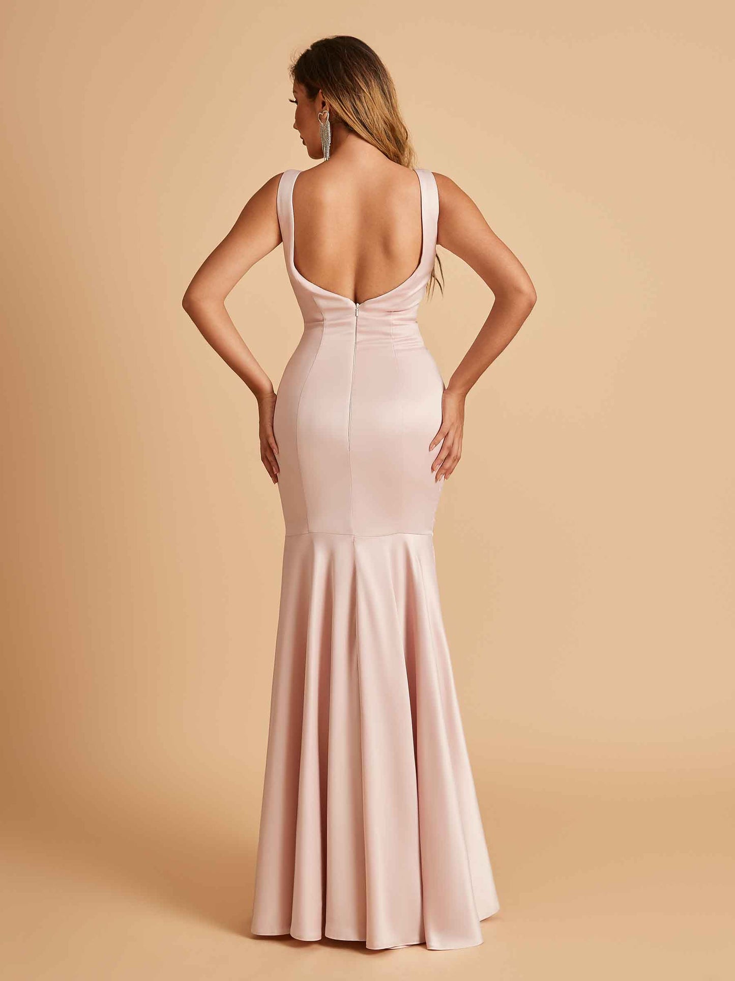 Satin Deep V-neck Mermaid Bridesmaid Dresses Half Open Back Floor Length