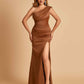 Satin One-shoulder Bridesmaid Dresses Mermaid Side Slit Sleeveless Floor Length