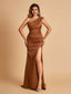 Satin One-shoulder Prom Dresses Mermaid Side Slit Sleeveless Floor Length