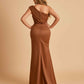 Satin One-shoulder Bridesmaid Dresses Mermaid Side Slit Sleeveless Floor Length